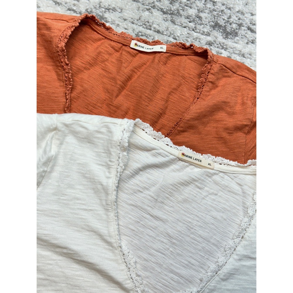Marine Layer T-Shirt Lot Women XL Orange White Lace Trim V-Neck Slub Cotton
